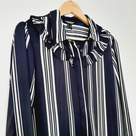 STREETWEAR SOCIETY Ruffle Collar Button Down Striped Shirt Top B&W Sz L - Picture 7 of 13